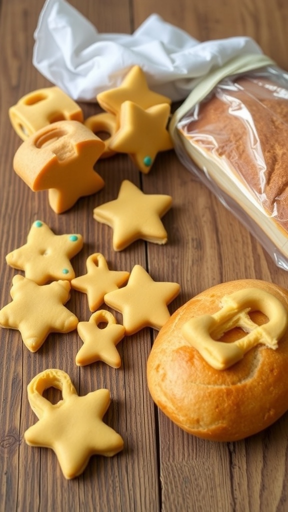 Homemade Bread Clips Recipe Homemade bread clips in different shapes on a wooden table with a loaf of bread.